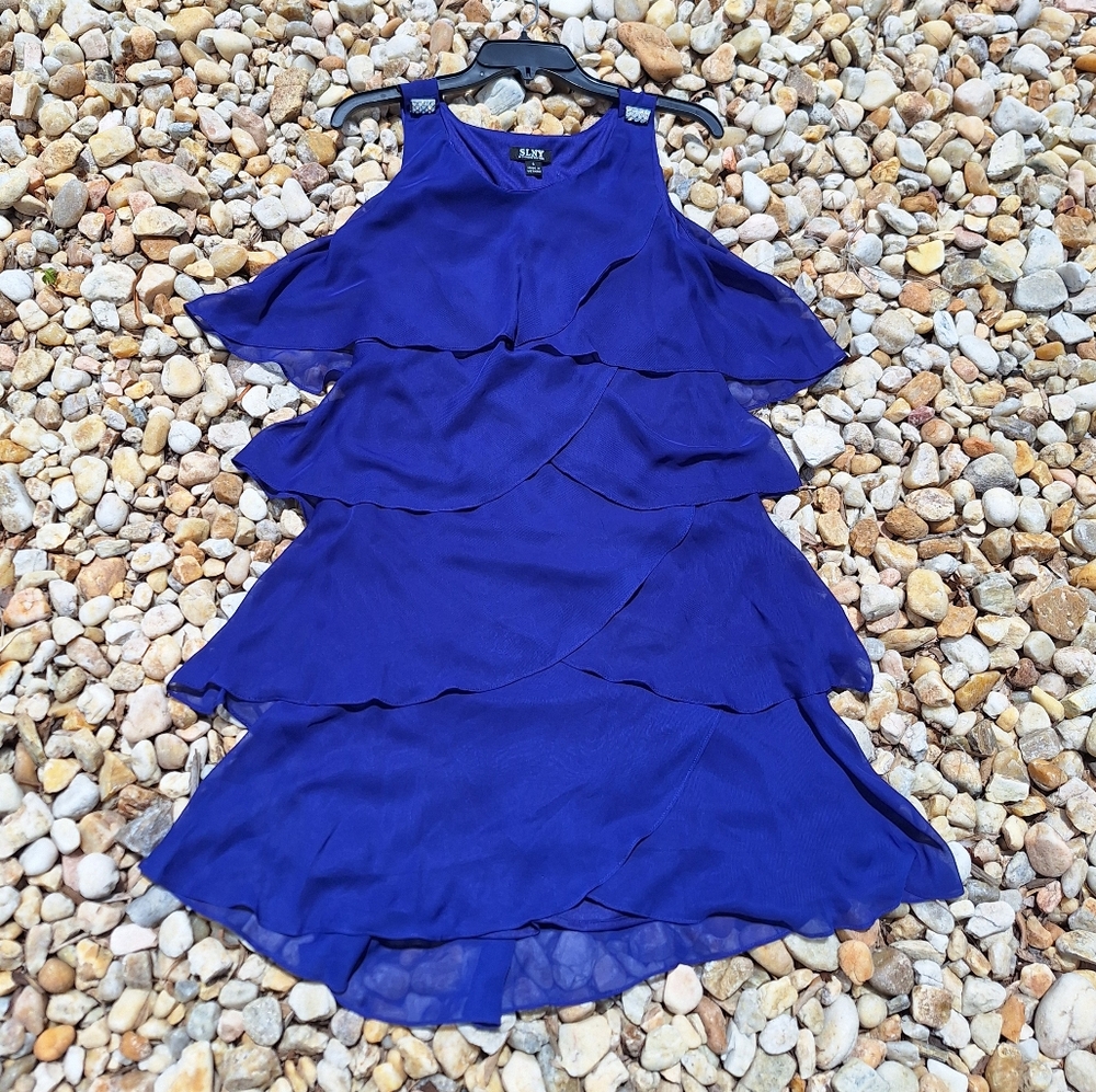 Flapper Dress Sleeveless Tank Top Dress Midi Length Blue Silver Shoulders Layers